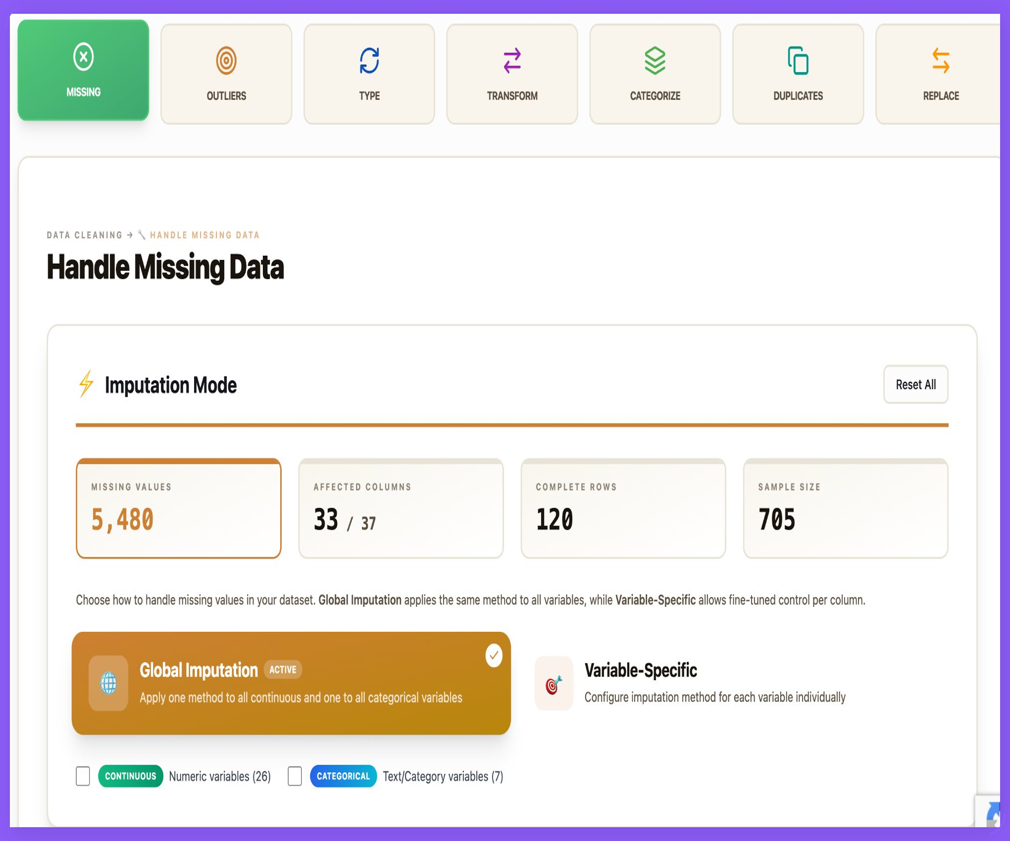 Sigma BioAnalytics Data Cleaning Studio – Handle Missing Data