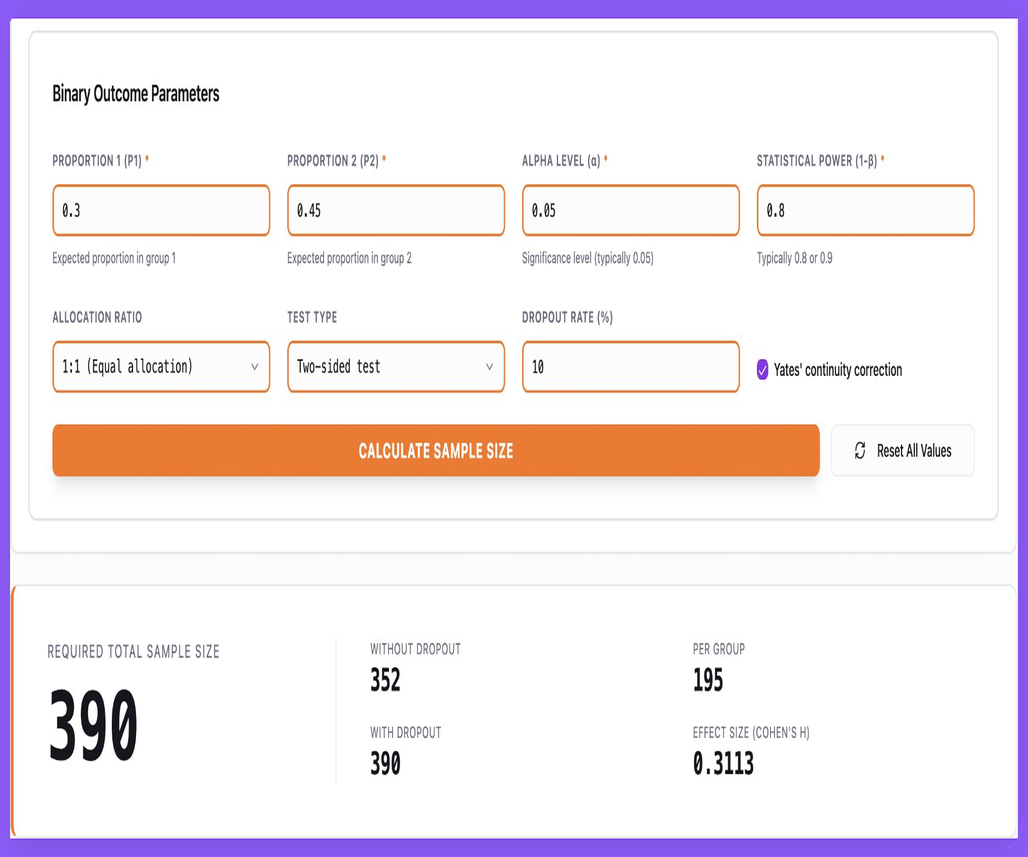 Sigma BioAnalytics Sample Size Calculation Interface
